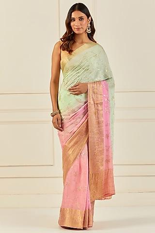 pink & green chiffon sequins work handcrafted saree set