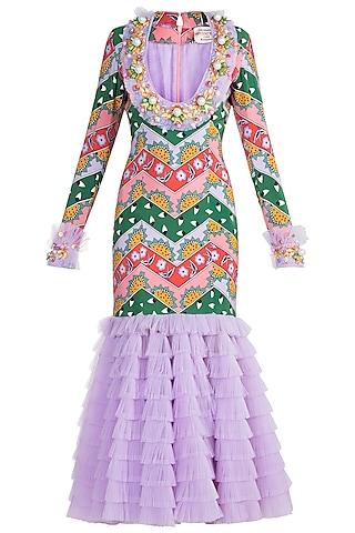 pink & green embroidered & printed ruffled bodycon dress