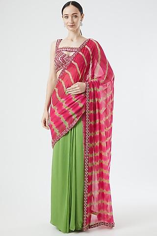 pink & green georgette tie-dye printed saree set