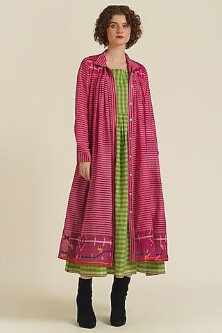 pink & green handwoven jamdani cotton jacket dress