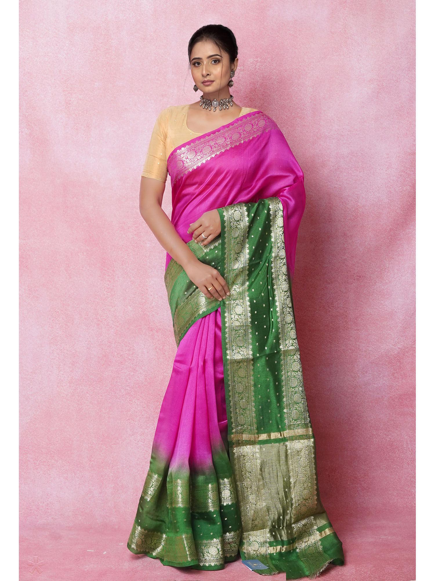 pink & green pure dyed banarasi chania silk saree with unstitched blouse