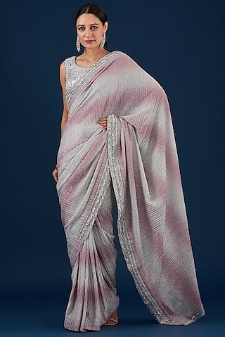 pink & grey ombre embroidered pre-stitched saree set