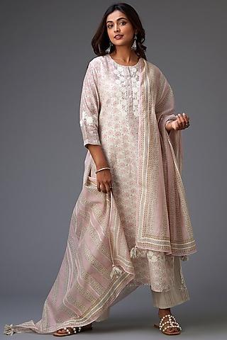 pink & grey silk chanderi printed & embroidered kurta set