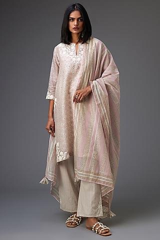 pink & grey silk chanderi printed a-line kurta set