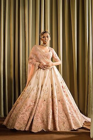 pink & ivory shaded raw silk resham hand work lehenga set