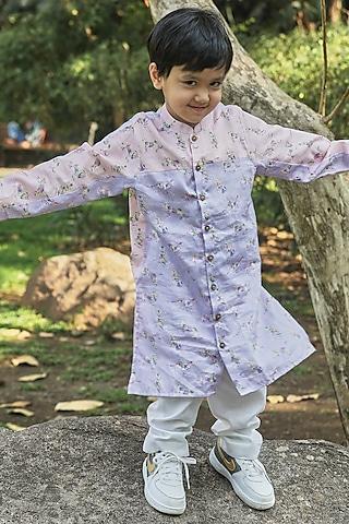 pink & lavender cotton satin animal printed kurta set for boys