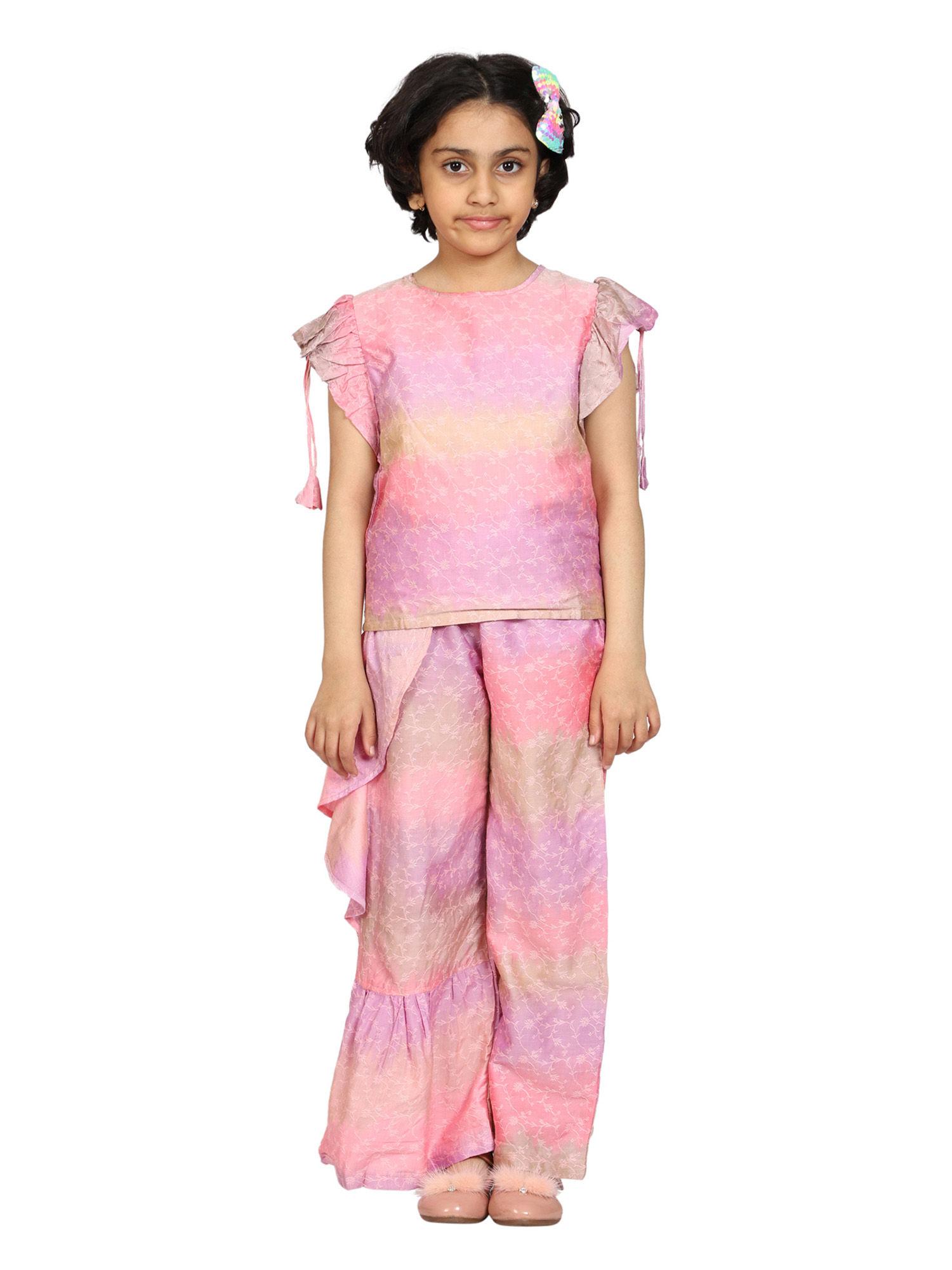 pink & lavender girls frill sleeve top & palazzo pant (set of 2) (12-14 years)