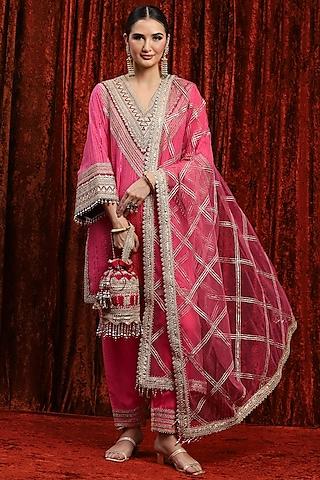 pink & maroon cotton lurex gota work kurta set