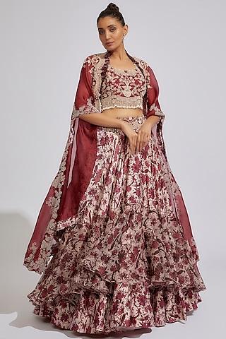 pink & maroon satin printed lehenga set