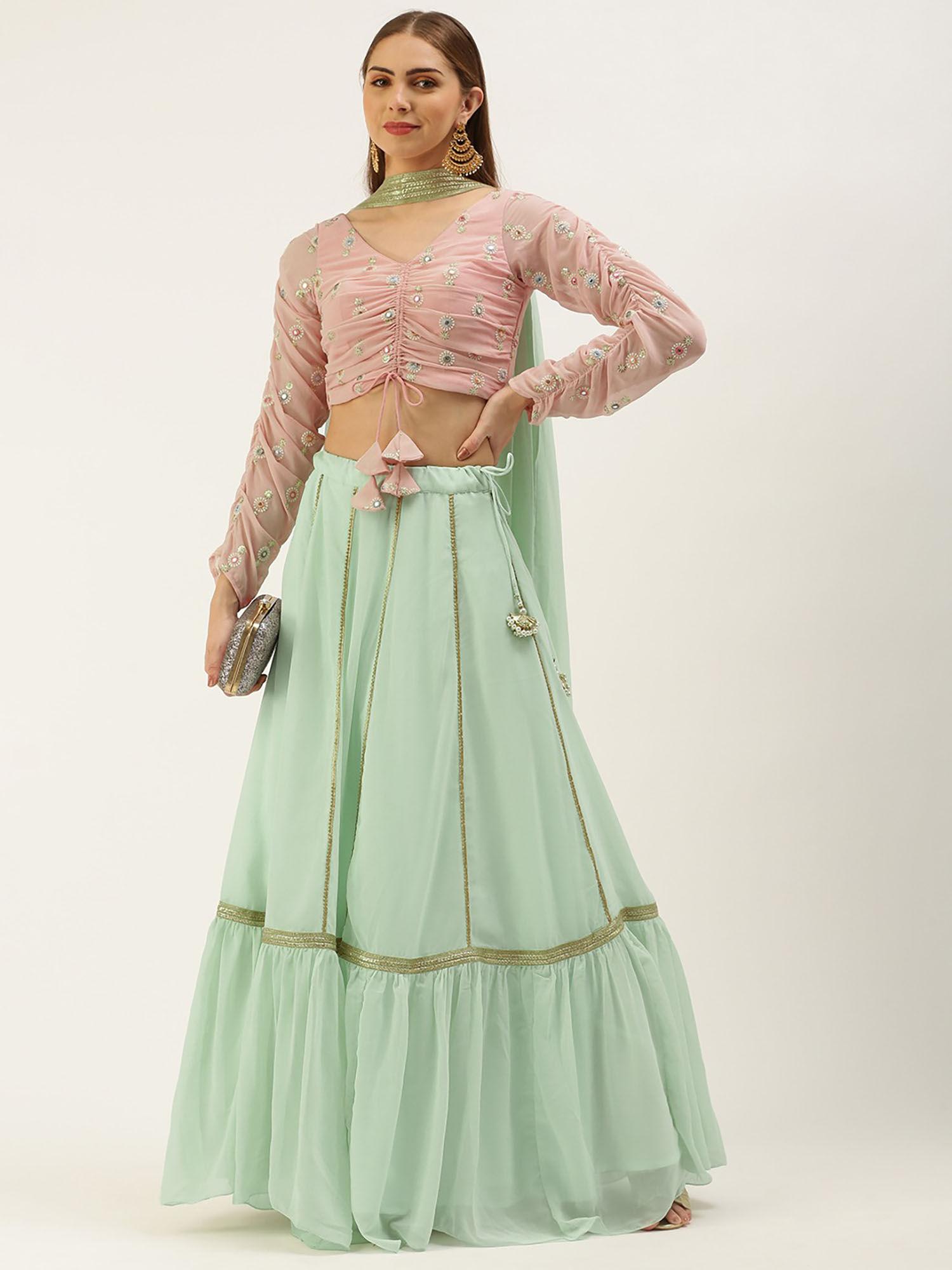 pink & mint green embroidered blouse lehenga with dupatta (set of 3)