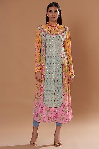 pink & mint pure crepe printed & embroidered tunic