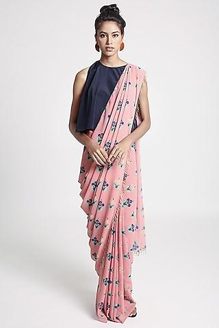 pink & navy blue printed saree set