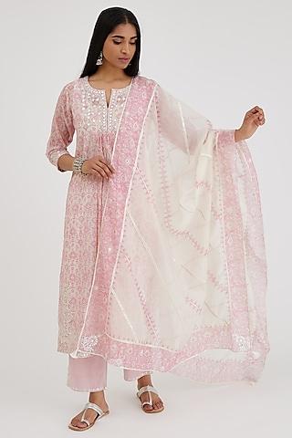 pink & off-white cotton chanderi embroidered & printed kurta set