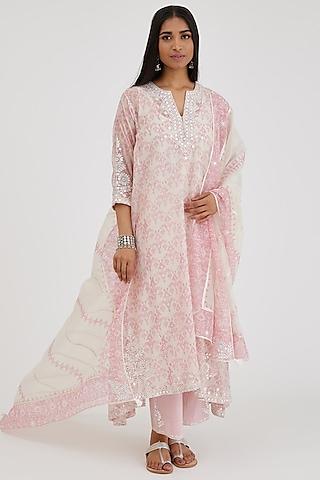 pink & off-white cotton chanderi embroidered & printed kurta set