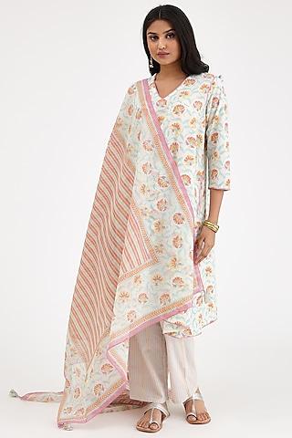 pink & off-white cotton printed a-line kurta set