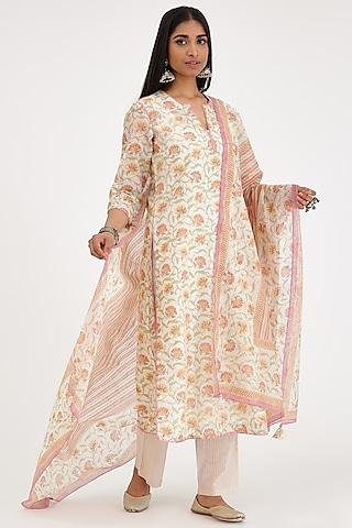 pink & off-white silk chanderi printed kurta set