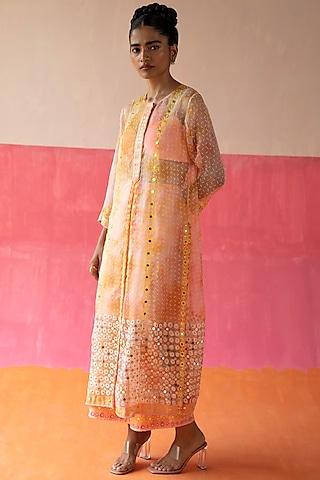 pink & orange embroidered kurta set