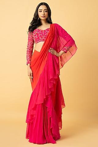pink & orange georgette pre-sticted ruffled saree set