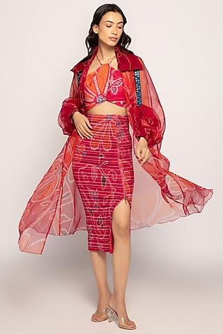 pink & orange organza bandhani printed cape set