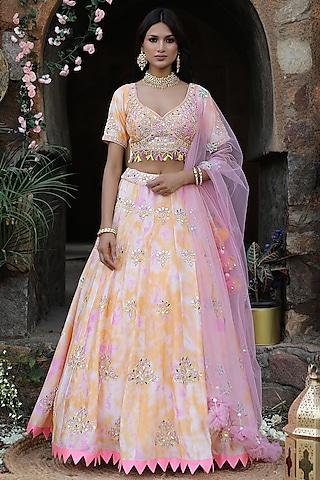 pink & orange silk hand embroidered tie-dye lehenga set