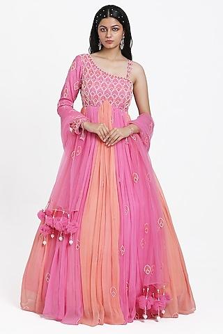 pink & peach georgette cutdana embroidered ombre gathered anarkali set