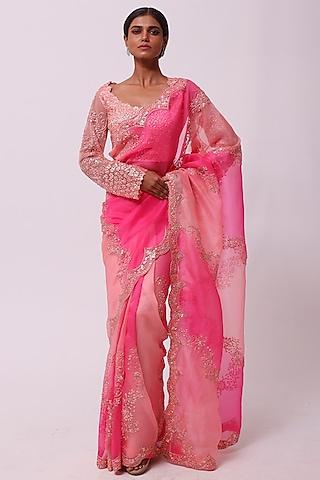 pink & peach organza embellished saree set