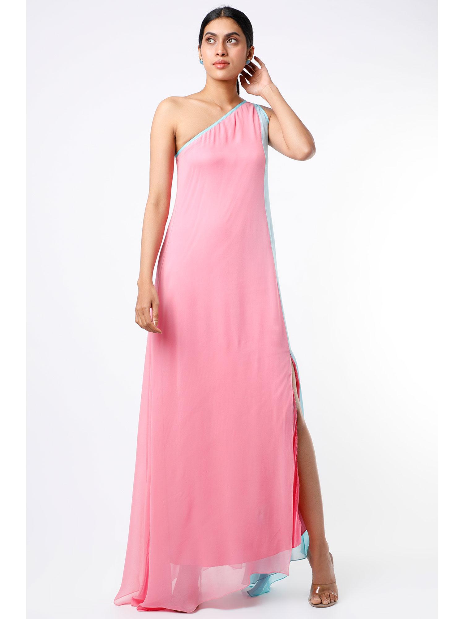 pink & powder blue one shoulder maxi dress