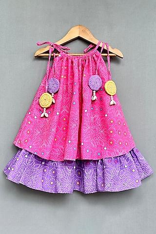 pink & purple cotton kantha printed layered dress for girls
