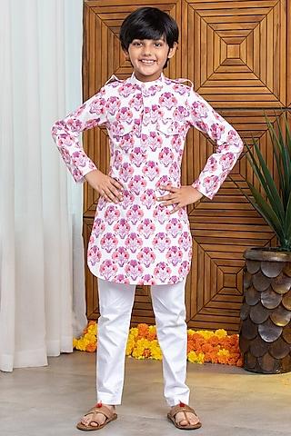 pink & purple cotton printed kurta set for boys