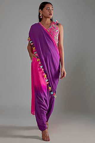 pink & purple crepe dhoti saree set