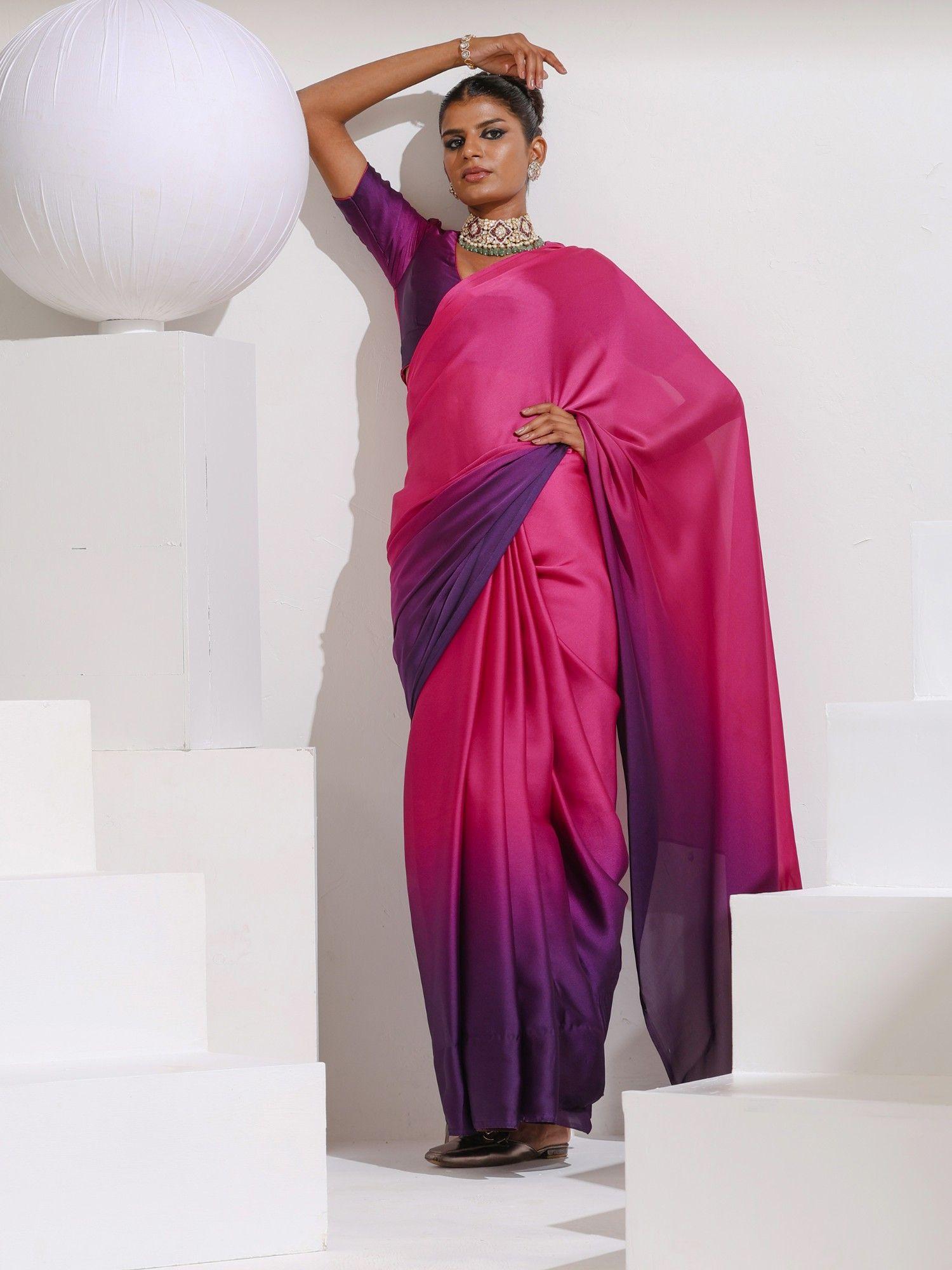 pink & purple satin chiffon saree with beads and self-with unstitched blouse