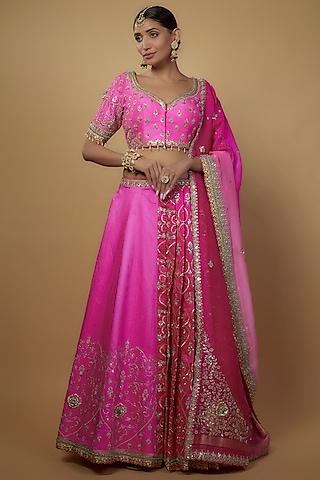 pink & rani pink ombre raw silk embellished lehenga set