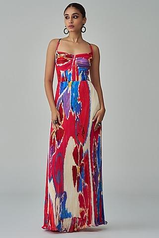 pink & red chiffon ikat printed maxi dress