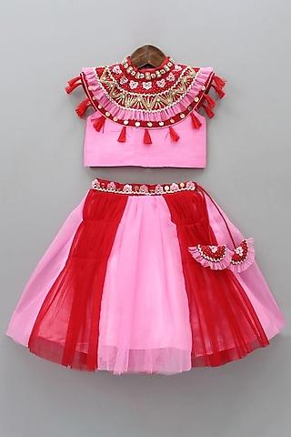 pink & red embroidered lehenga set for girls