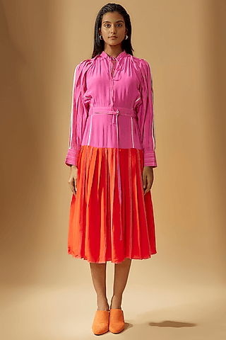 pink & red silk crepe color-blocked dress