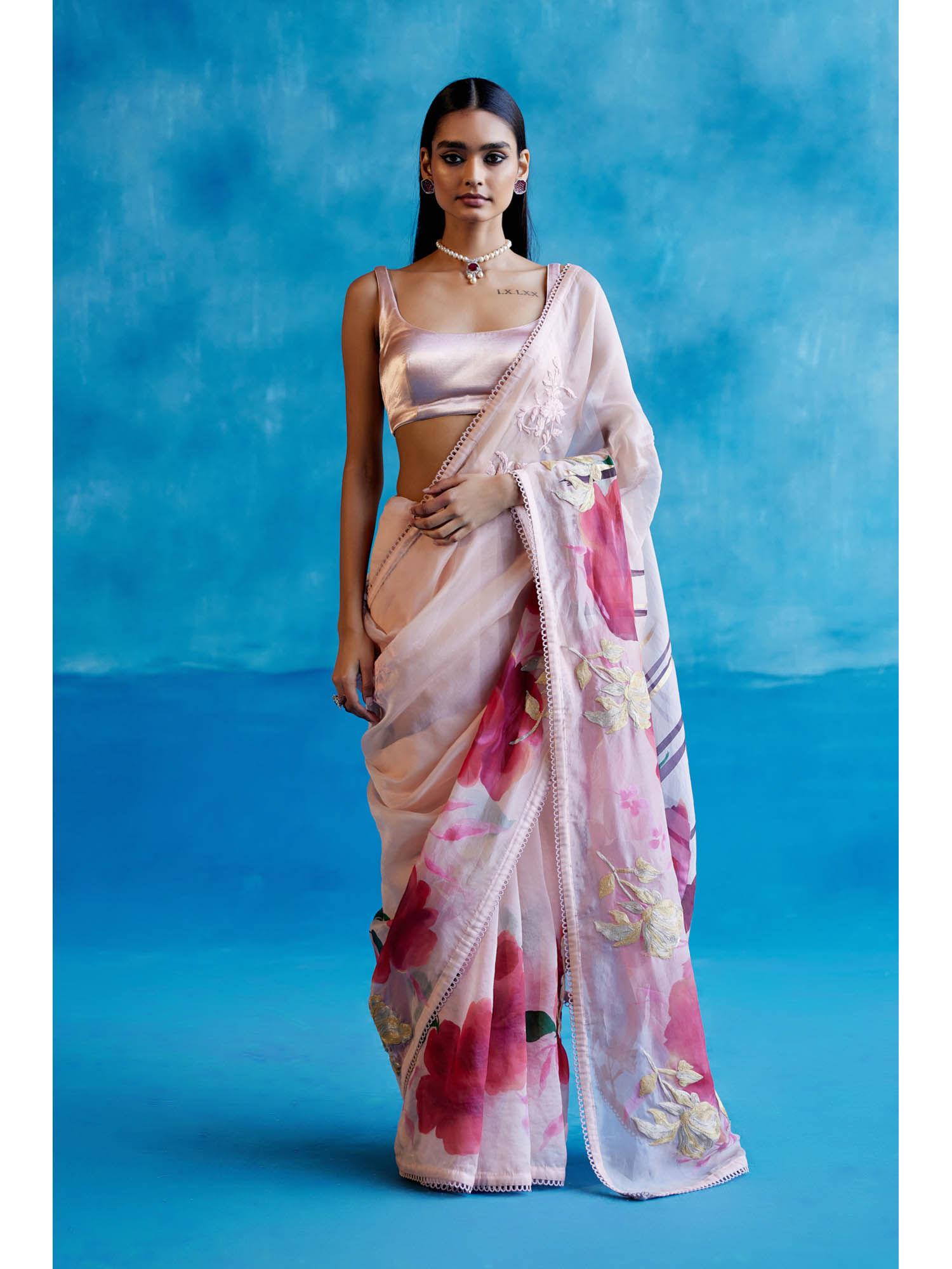 pink & red silk hand painted embroidered saree with stitched blouse