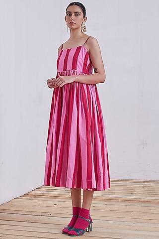 pink & red stripe printed midi dress