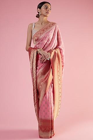 pink & red viscose georgette brocade embroidered saree