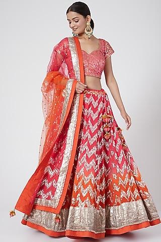 pink & rust embroidered ombre lehenga set