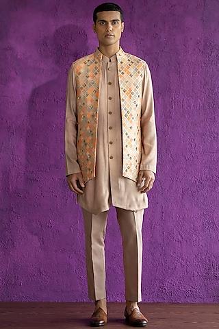 pink & rust silk embroidered bundi jacket with kurta set