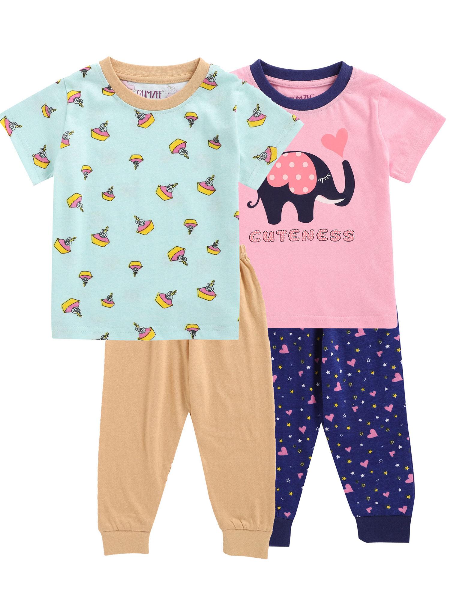 pink & sea green half sleeve baby girls t-shirt & pajama (set of 4)