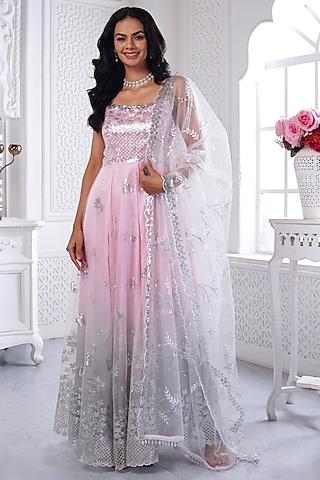 pink & silver ombre viscose shantoon sequins embroidered anarkali set