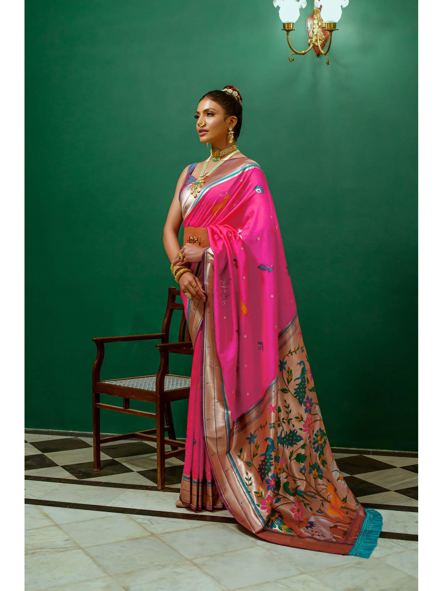 pink & teal-toned banarasi zari woven pathani saree with unstitched blouse