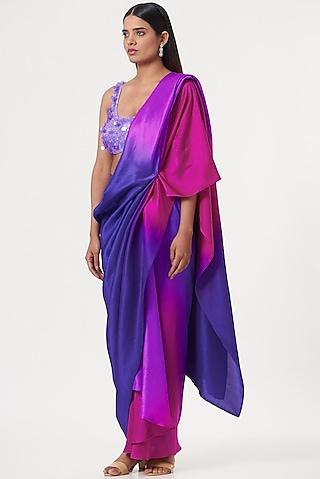 pink & violet ombre silk draped saree