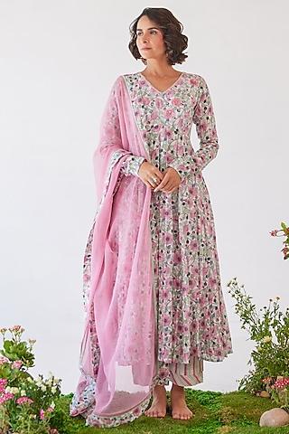 pink & white cotton printed anarkali set