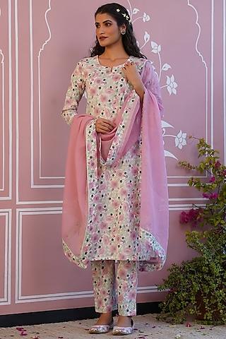 pink & white cotton printed kurta set