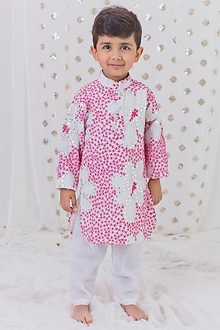 pink & white georgette hand embroidered kurta set for boys