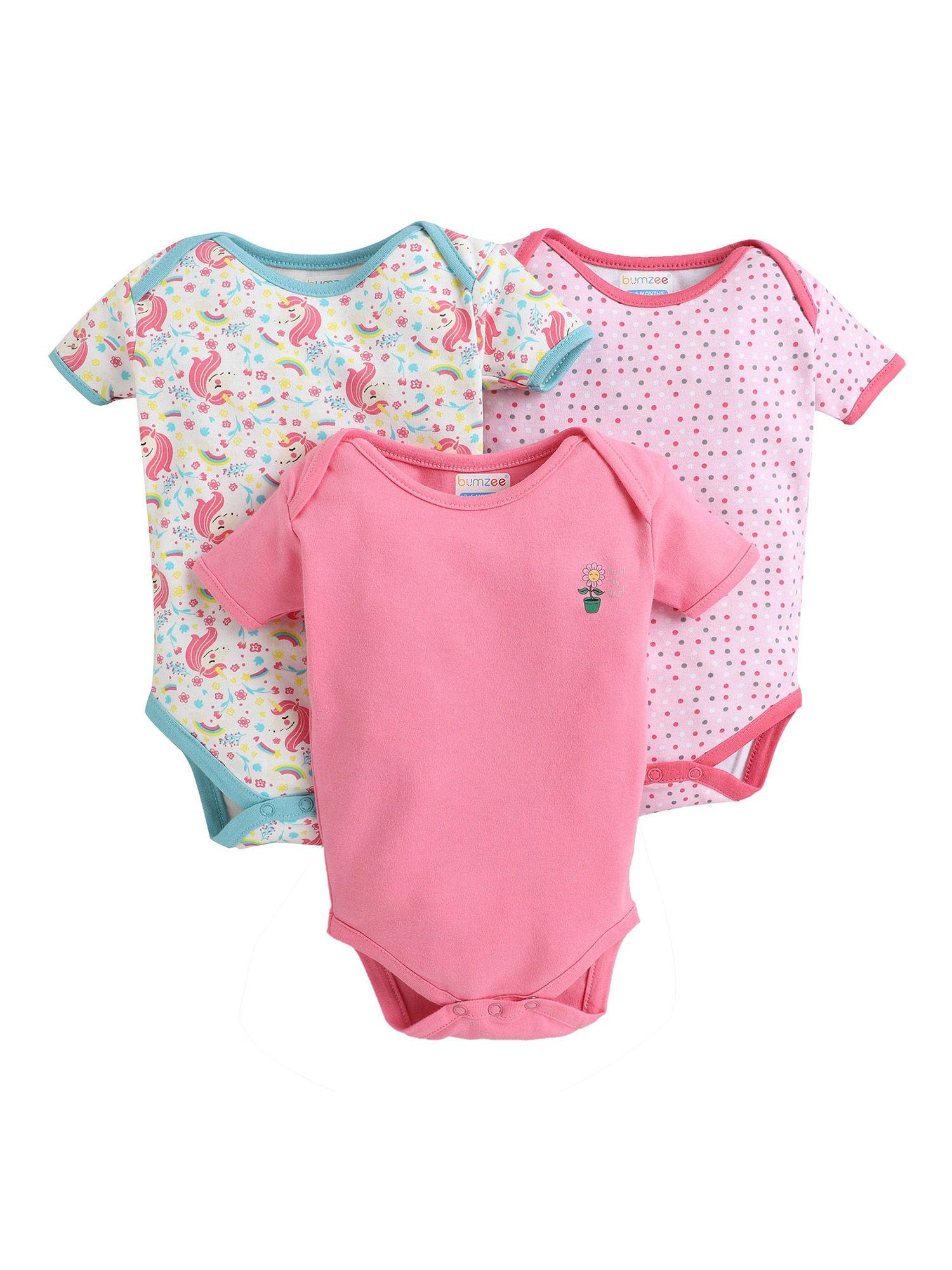 pink & white half sleeve baby girls bodysuit (pack of 3)