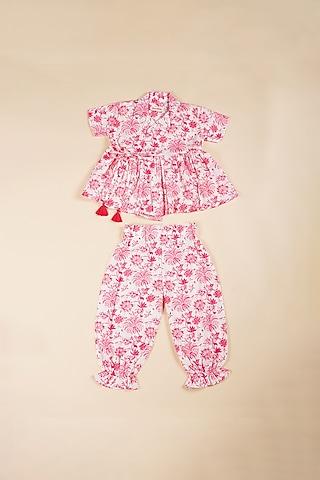 pink & white linen blend printed co-ord set for girls