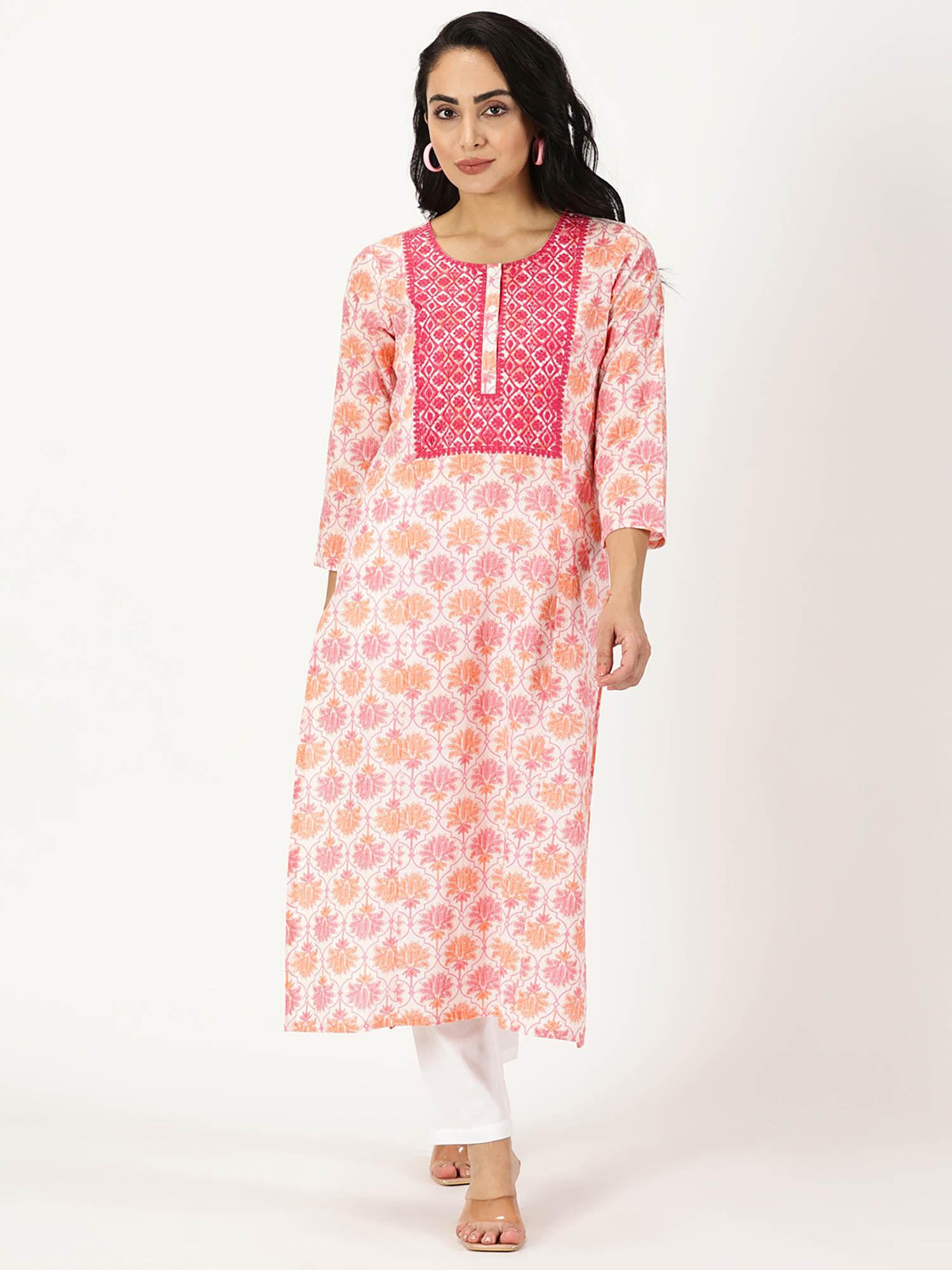 pink & white lotus print kurta with yoke embroidery